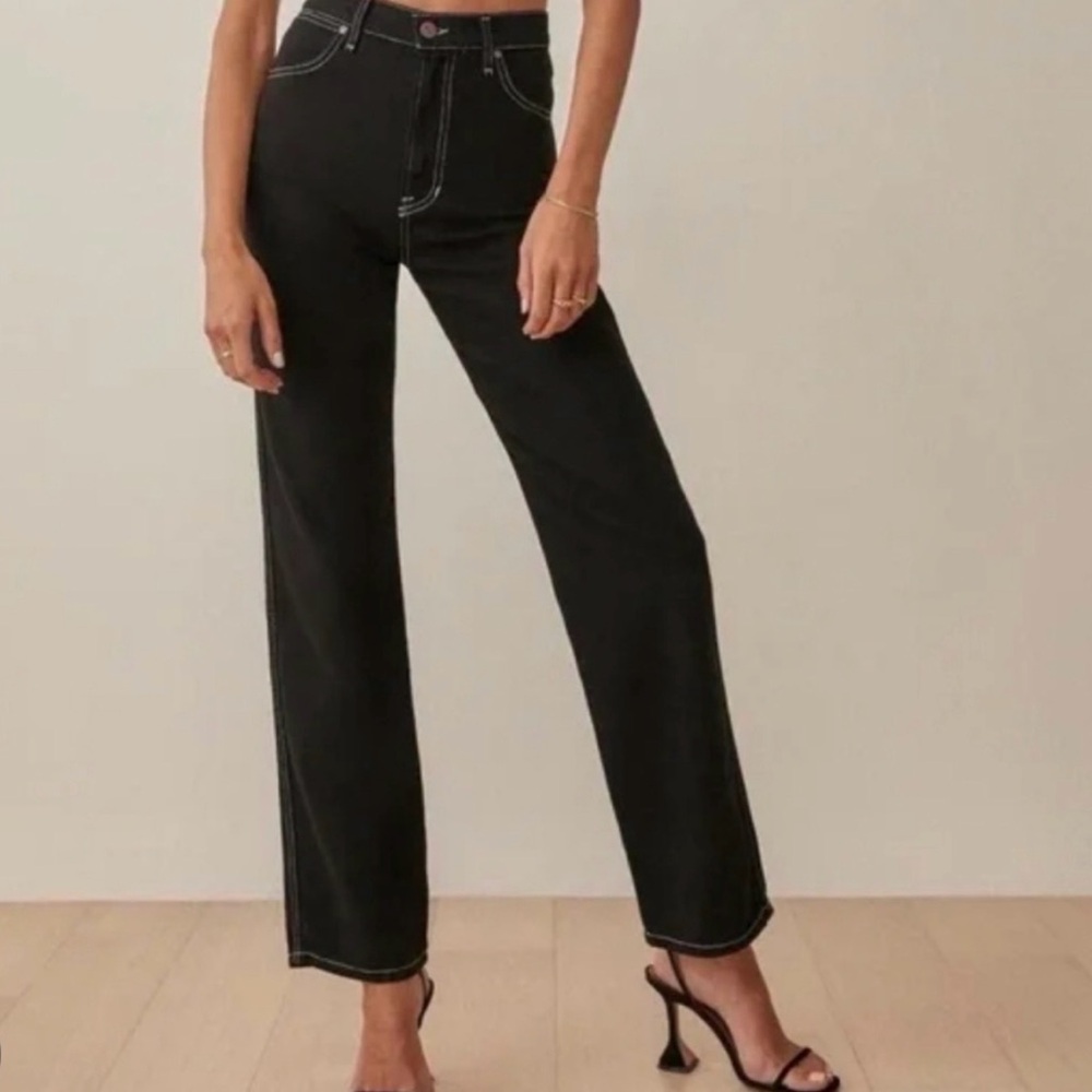 Reformation High Rise Straight Leg High Contrast White Stitching Black Jeans 24